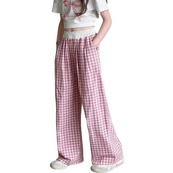 CONROSES Girls Baggy Pants Wide Leg Casual Pants for Girls Trendy Plaid Elastic Waist Summer Jogger Pants With Pockets
