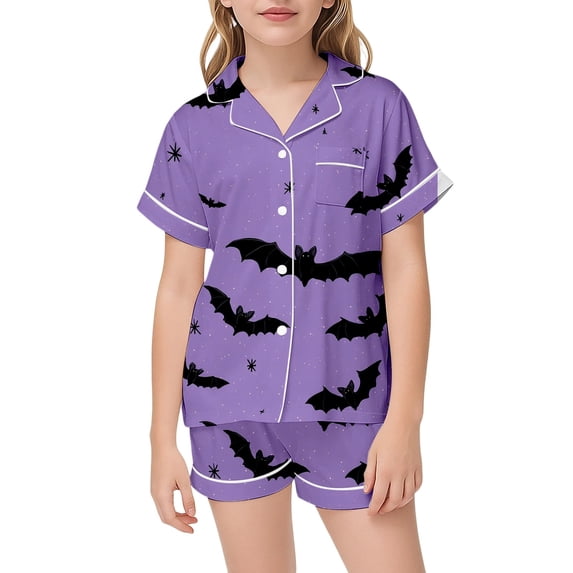 CONROSES Girls Halloween Pajamas Hallowmas Bat Graphic Short Sleeve Pjs Tops Shorts Loungewear Sets Cozy Nightwear Sleepwear