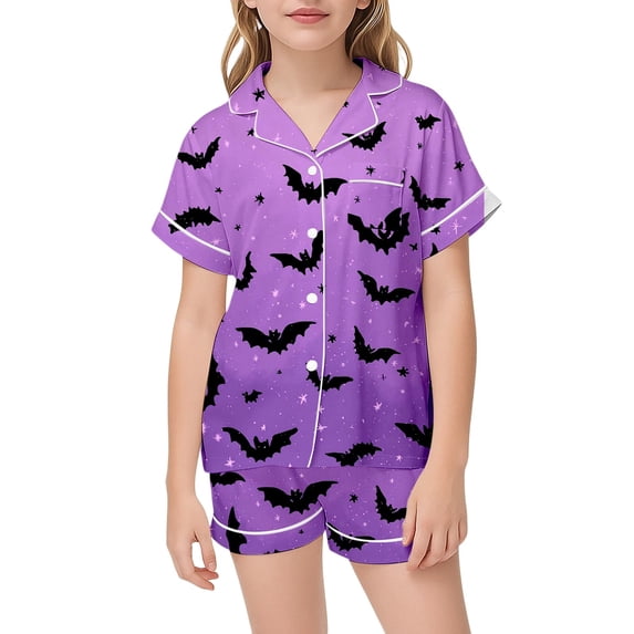 CONROSES Girls Halloween Pajamas Hallowmas Bat Graphic Short Sleeve Pjs Tops Shorts Loungewear Sets Cozy Nightwear Sleepwear