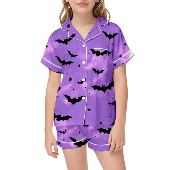 CONROSES Girls Halloween Pajamas Hallowmas Bat Graphic Short Sleeve Pjs Tops Shorts Loungewear Sets Cozy Nightwear Sleepwear