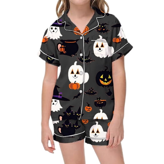 CONROSES Girls Halloween Pajamas Hallowmas Pumpkin Ghost Graphic Short Sleeve Pjs Tops Shorts Loungewear Sets Cozy Nightwear Sleepwear