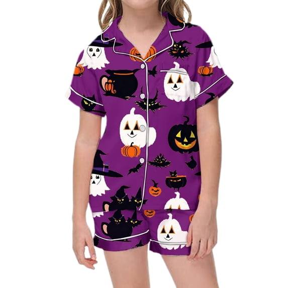 CONROSES Girls Halloween Pajamas Hallowmas Pumpkin Ghost Graphic Short Sleeve Pjs Tops Shorts Loungewear Sets Cozy Nightwear Sleepwear