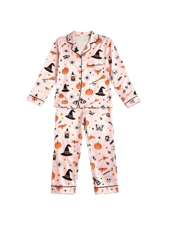 Girls Halloween Pajamas Hallowmas Pumpkin Graphic Short Sleeve Pjs Tops Pants Loungewear Sets Cozy Nightwear Sleepwear