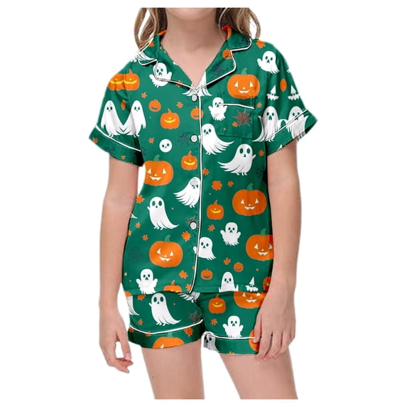 CONROSES Girls Halloween Pajamas Hallowmas Pumpkin Graphic Short Sleeve Pjs Tops Shorts Loungewear Sets Cozy Nightwear Sleepwear