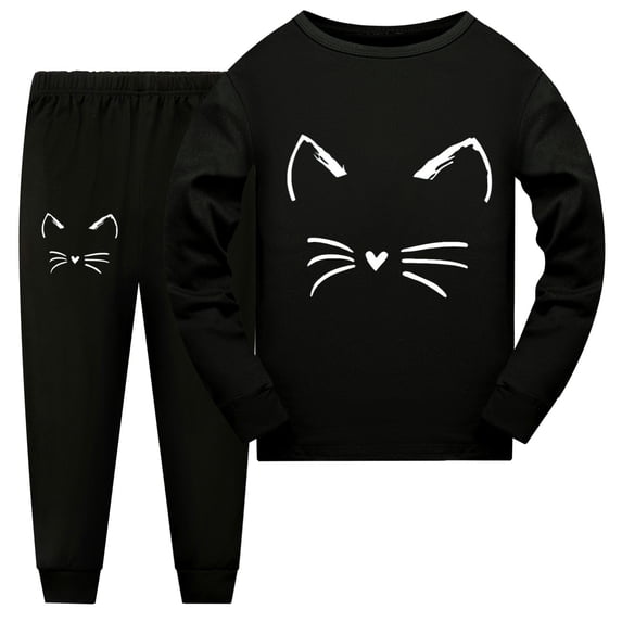 CONROSES Girls Pajama Set Cartoon Cat Graphic Long Sleeve Pjs Tops Pants Loungewear Sets Cozy Fall Winter Nightwear Sleepwear