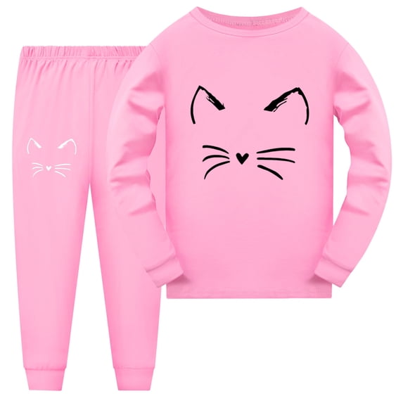 CONROSES Girls Pajama Set Cartoon Cat Graphic Long Sleeve Pjs Tops Pants Loungewear Sets Cozy Fall Winter Nightwear Sleepwear