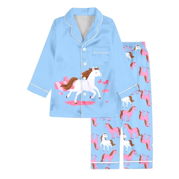 CONROSES Girls Pajama Set Cartoon Horse Graphic Long Sleeve Pjs Tops Pants Loungewear Sets Cozy Nightwear Sleepwear