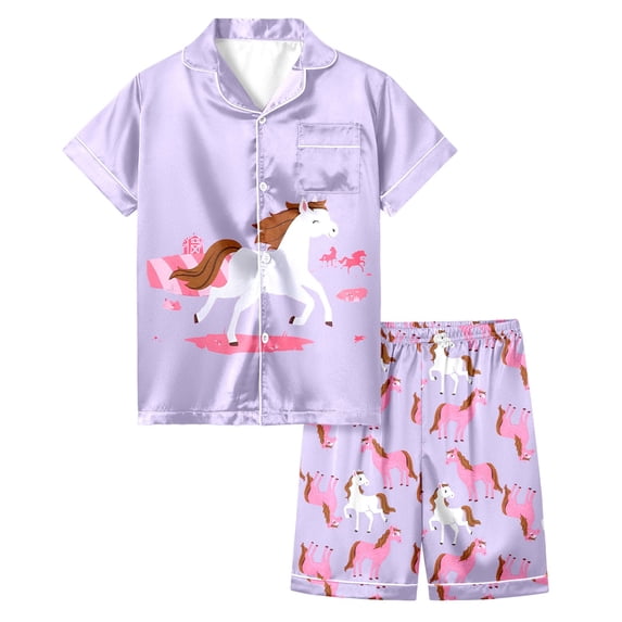 CONROSES Girls Pajama Set Cartoon Horse Graphic Short Sleeve Pjs Tops Shorts Loungewear Sets Cozy Nightwear Sleepwear