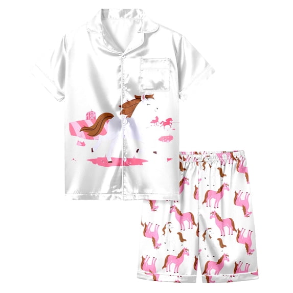CONROSES Girls Pajama Set Cartoon Horse Graphic Short Sleeve Pjs Tops Shorts Loungewear Sets Cozy Nightwear Sleepwear