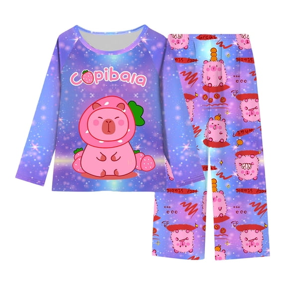 CONROSES Girls Pajamas Cartoon Capybara Graphic Long Sleeve Pjs Tops Pants Loungewear Sets Cozy Warm Fall Winter Nightwear Sleepwear
