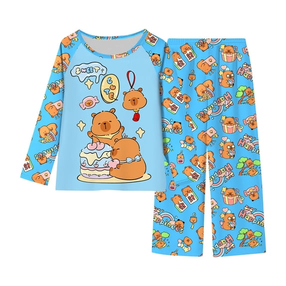 CONROSES Girls Pajamas Cartoon Capybara Graphic Long Sleeve Pjs Tops Pants Loungewear Sets Cozy Warm Fall Winter Nightwear Sleepwear