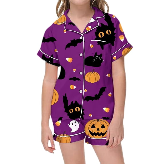 CONROSES Halloween Girls Pajama Set Hallowmas Black Cat Graphic Short Sleeve Pjs Tops Shorts Loungewear Sets Cozy Nightwear Sleepwear