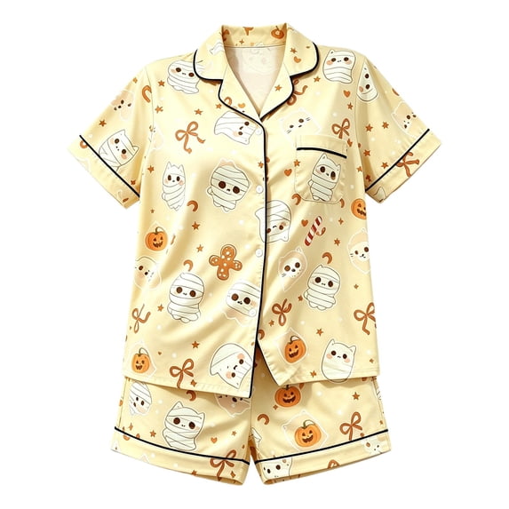 CONROSES Halloween Girls Pajama Set Hallowmas Ghost Graphic Short Sleeve Pjs Tops Shorts Loungewear Sets Cozy Nightwear Sleepwear