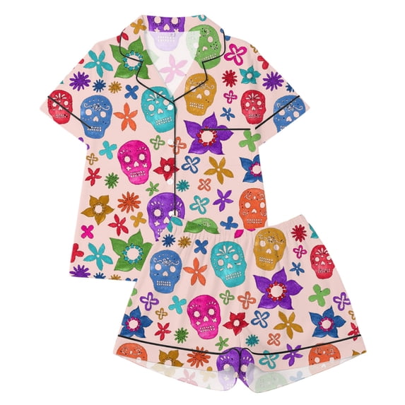 CONROSES Halloween Girls Pajama Set Hallowmas Skeleton Graphic Short Sleeve Pjs Tops Shorts Loungewear Sets Cozy Nightwear Sleepwear