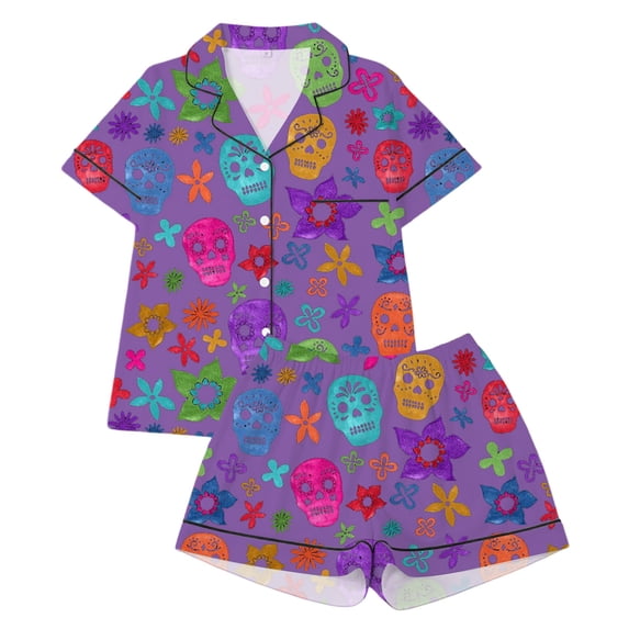 CONROSES Halloween Girls Pajama Set Hallowmas Skeleton Graphic Short Sleeve Pjs Tops Shorts Loungewear Sets Cozy Nightwear Sleepwear