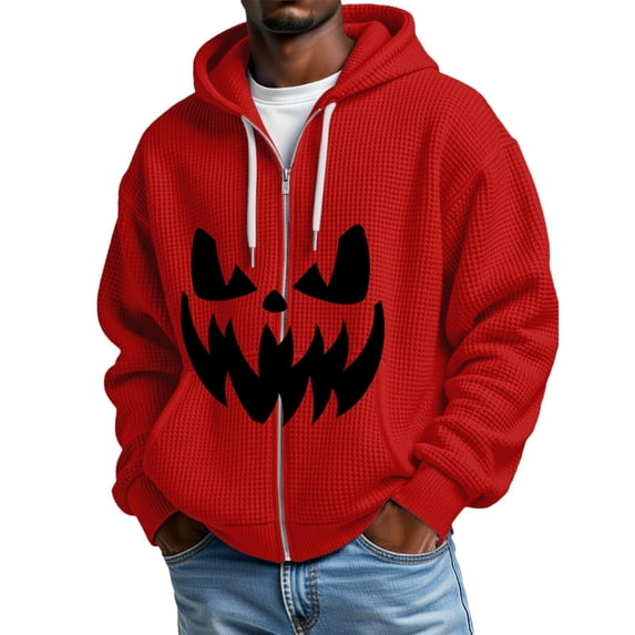 CONROSES Halloween Mens Knit Hoodies Pumpkin Face Graphic Long Sleeve Zip Up Waffle Pullover Hoodie for Men Fall Winter Hooded Sweatshirts with Pocket