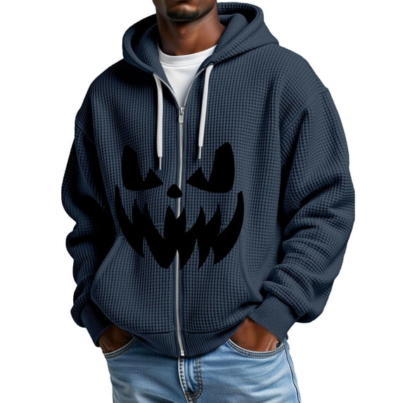 CONROSES Halloween Mens Knit Hoodies Pumpkin Face Graphic Long Sleeve Zip Up Waffle Pullover Hoodie for Men Fall Winter Hooded Sweatshirts with Pocket