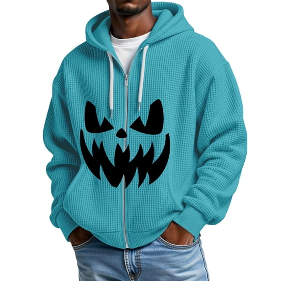 CONROSES Halloween Mens Knit Hoodies Pumpkin Face Graphic Long Sleeve Zip Up Waffle Pullover Hoodie for Men Fall Winter Hooded Sweatshirts with Pocket