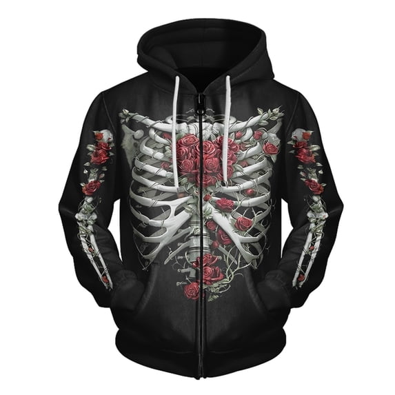 CONROSES Halloween Mens Zip Up Hoodies Skeleton Graphic Y2K Long Sleeve Pullover Hoodie for Men Fall Winter Hooded Sweatshirts with Pocket