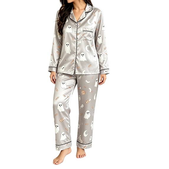 CONROSES Halloween Pajama Set for Women Hallowmas Pjs Ghost Pumpkin Graphic Long Sleeve Buttons Tops Pants Loungewear Sets Cozy Nightwear Sleepwear