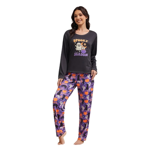 CONROSES Halloween Pajama Set for Women Hallowmas Pjs Ghost Pumpkin Graphic Long Sleeve Tops Pants Loungewear Sets Cozy Nightwear Sleepwear