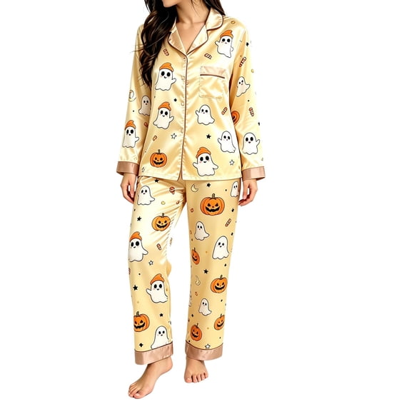 CONROSES Hallowmas Pajama Set for Women 2 Peice Halloween Pjs Cartoon Ghost Pumpkin Graphic Long Sleeve Buttons Tops Pants Loungewear Sets Cozy Nightwear Sleepwear