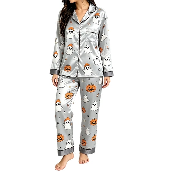 CONROSES Hallowmas Pajama Set for Women 2 Peice Halloween Pjs Cartoon Ghost Pumpkin Graphic Long Sleeve Buttons Tops Pants Loungewear Sets Cozy Nightwear Sleepwear