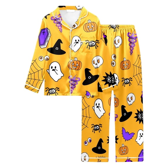 CONROSES Hallowmas Pajama Set for Women 2 Peice Halloween Pjs Ghost Pumpkin Graphic Long Sleeve Buttons Tops Pants Loungewear Sets Cozy Nightwear Sleepwear