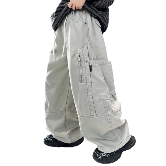 CONROSES Kids Boys Casual Pants Wide Leg Baggy Pant for Child Solid Y2K Elastic Waist Drawstring Cozy Streetwear Jogger Trousers with Pockets