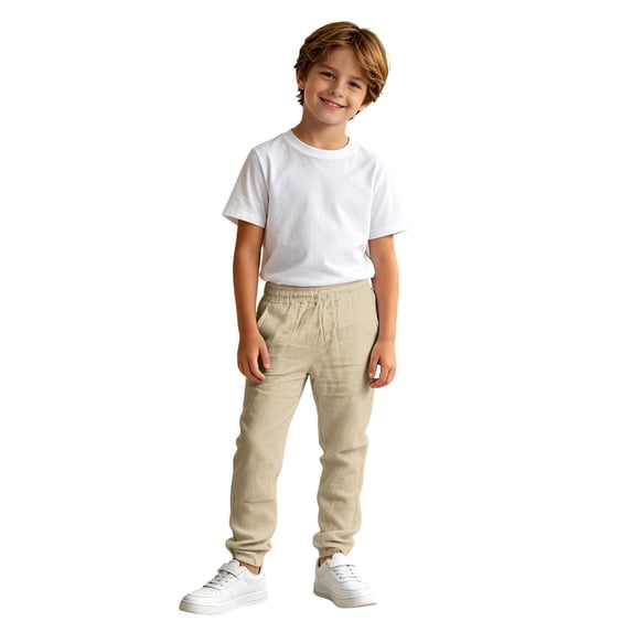 CONROSES Kids Boys Linen Pants Straight Leg Pant for Child Solid Elastic Waist Drawstring Summer Lightweight Jogger Trousers with Pockets