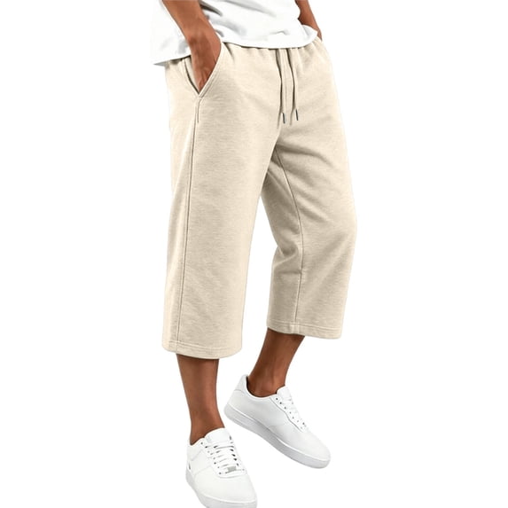 CONROSES Men's Capri Sweatpants Baggy Wide Leg Sweat Pants for Men Solid Elastic Waist Drawstring Fall Athletic Jogger Trousers with Pocket