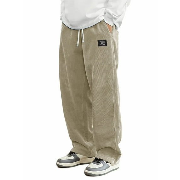 CONROSES Mens Corduroy Pants Solid Color Pants for Men Casual Wide Leg Elastic Waist Drawstring Soft Loose Spring Fall Trousers With Pockets