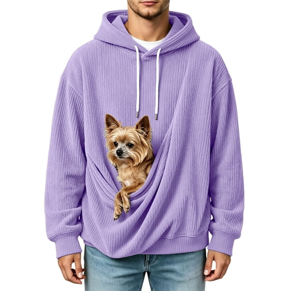 CONROSES Mens Corduroy Pet Pouch Hoodies Solid Long Sleeve Pullover Hoodie for Men Winter Puppy Cat Dog Hooded Sweatshirts with Pocket