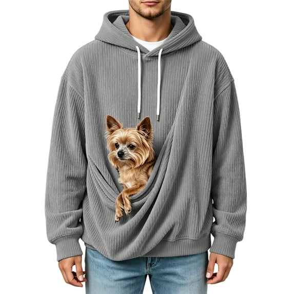 CONROSES Mens Corduroy Pet Pouch Hoodies Solid Long Sleeve Pullover Hoodie for Men Winter Puppy Cat Dog Hooded Sweatshirts with Pocket