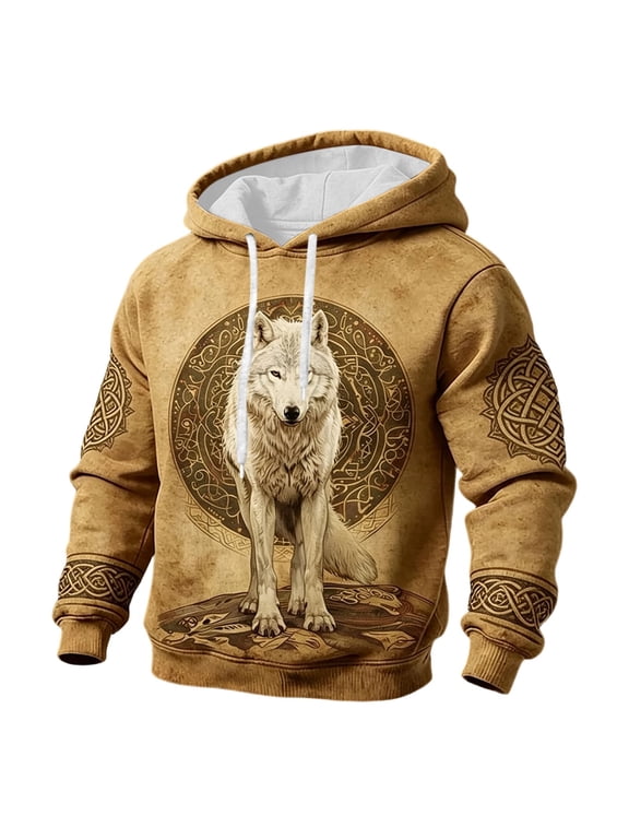 Mens Hoodies Viking Mythology Graphic Y2K Long Sleeve Pullover Hoodie for Men Warm Fall Winter Hooded Sweatshirts with Pocket