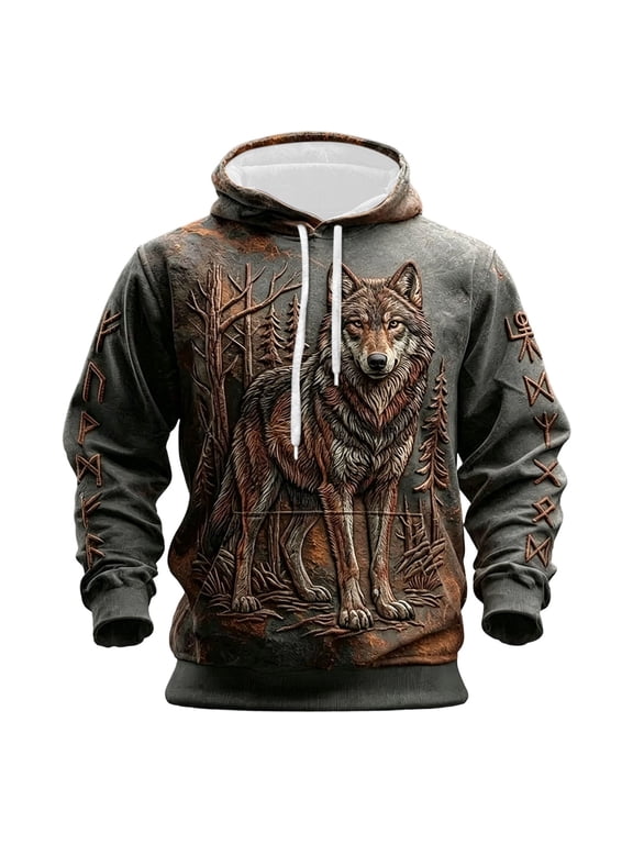 Mens Hoodies Viking Mythology Graphic Y2K Long Sleeve Pullover Hoodie for Men Warm Fall Winter Hooded Sweatshirts with Pocket
