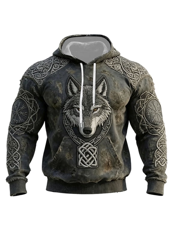 Mens Hoodies Viking Mythology Graphic Y2K Long Sleeve Pullover Hoodie for Men Warm Fall Winter Hooded Sweatshirts with Pocket