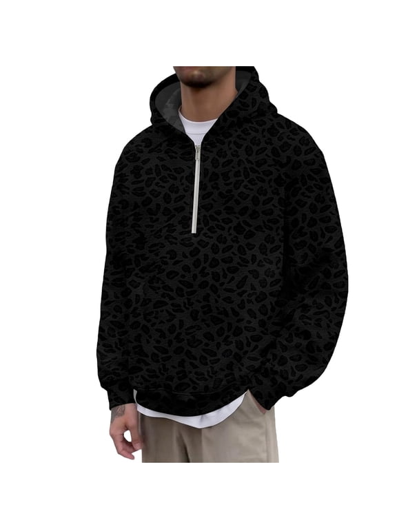 Mens Hoodies Leopard Y2K Long Sleeve Half Zip Pullover Hoodie for Men Fall Streetwear Hooded Sweatshirts with Pocket