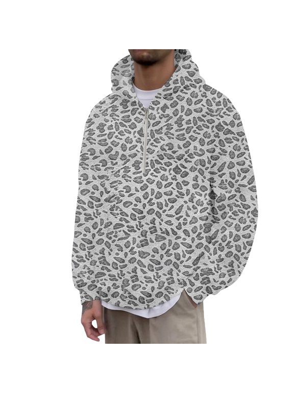 Mens Hoodies Leopard Y2K Long Sleeve Half Zip Pullover Hoodie for Men Fall Streetwear Hooded Sweatshirts with Pocket