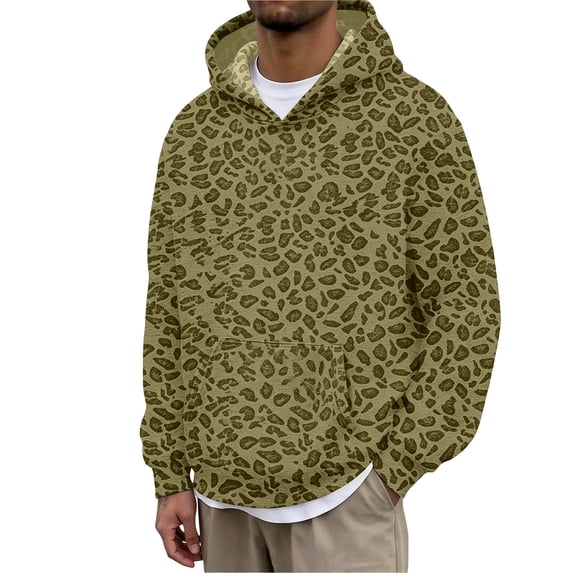 CONROSES Mens Hoodies Leopard Y2K Long Sleeve Pullover Hoodie for Men Fall Streetwear Hooded Sweatshirts with Pocket