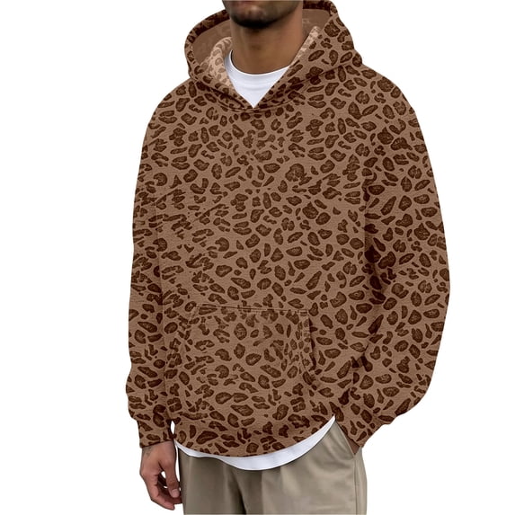 CONROSES Mens Hoodies Leopard Y2K Long Sleeve Pullover Hoodie for Men Fall Streetwear Hooded Sweatshirts with Pocket