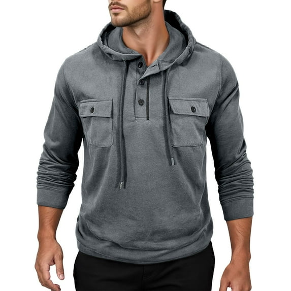 CONROSES Mens Hoodies Solid Color Hoodie for Men Long Sleeve Buttons Sports Hooded Sweatshirt Soft Fall Winter Sweatshirts With Pocket