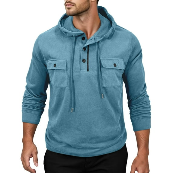 CONROSES Mens Hoodies Solid Color Hoodie for Men Long Sleeve Buttons Sports Hooded Sweatshirt Soft Fall Winter Sweatshirts With Pocket