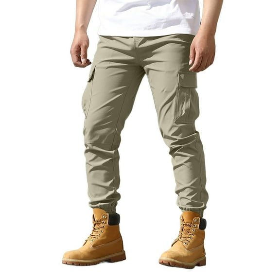 CONROSES Mens Tactical Cargo Pants Solid Color Hiking Pants for Men Casual Wide Leg Elastic Waist Drawstring Soft Loose Athletic Joggers With Pockets