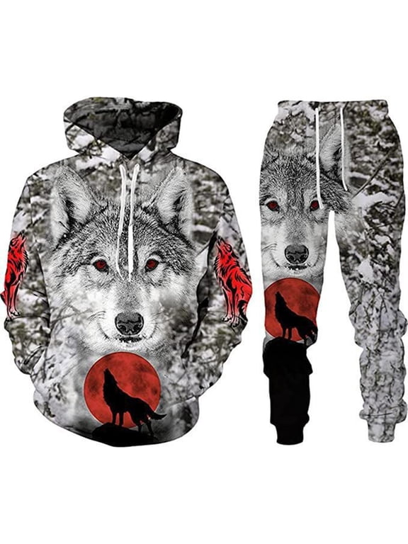 Mens Tracksuits 2 Peice Set Casual Sweat Suit for Men Wolf Graphic Y2K Long Sleeve Hoodies Joggers Fashion Streetwear Jogging Track Suits