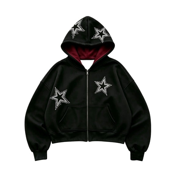 CONROSES Mens Zip Up Hoodies Star Graphic Y2K Long Sleeve Pullover Hoodie for Men Fall Streetwear Hooded Sweatshirts with Pocket