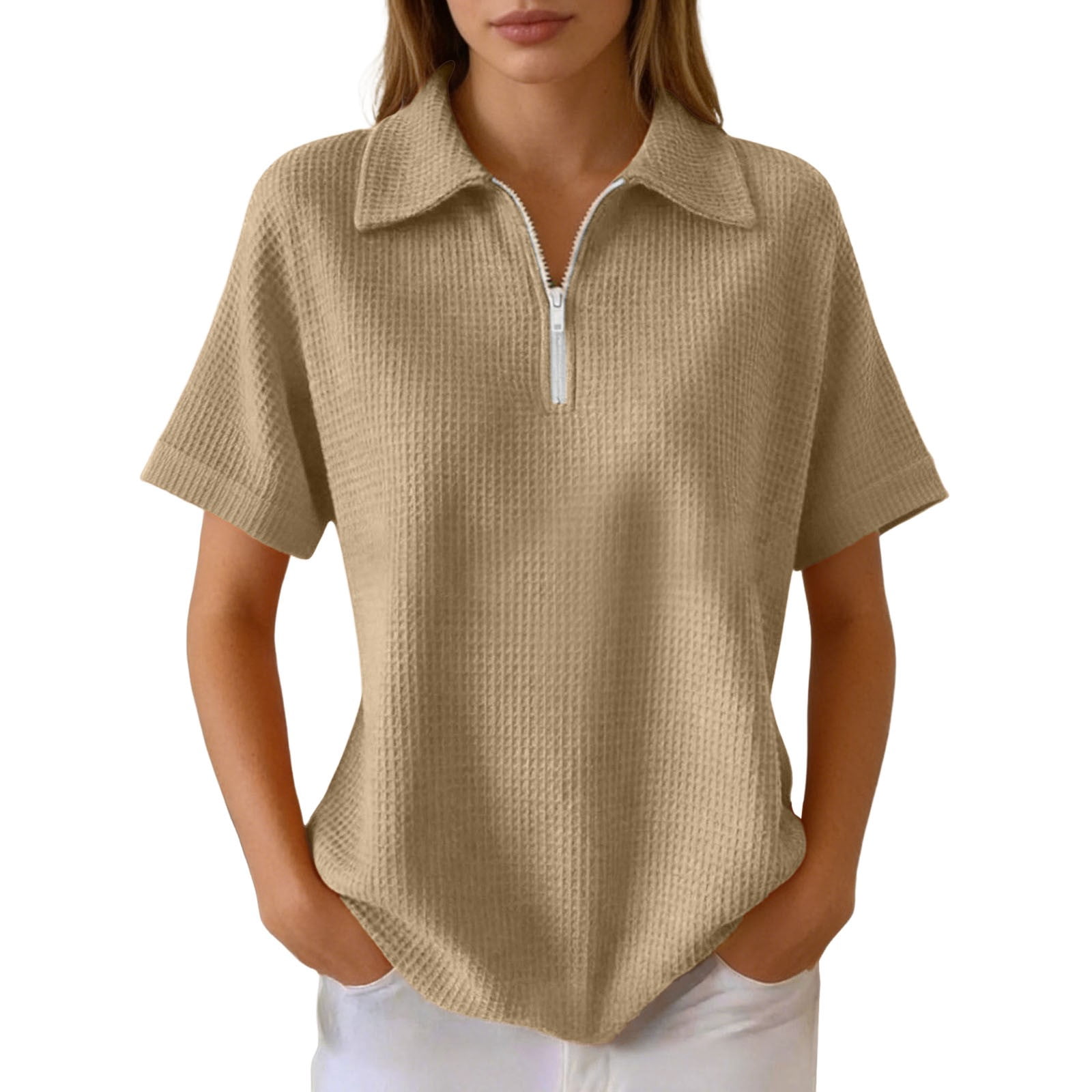 CONROSES Mothers Day Gift Women's Short Sleeve Ribbed T-Shirts Zip Up ...