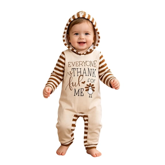 CONROSES Thanksgiving Day Toddler Baby Boys Hooded Jumpsuits Letter Graphic Onesies Long Sleeve Fall Winter One Piece Footless Romper, Size 9-12 Months