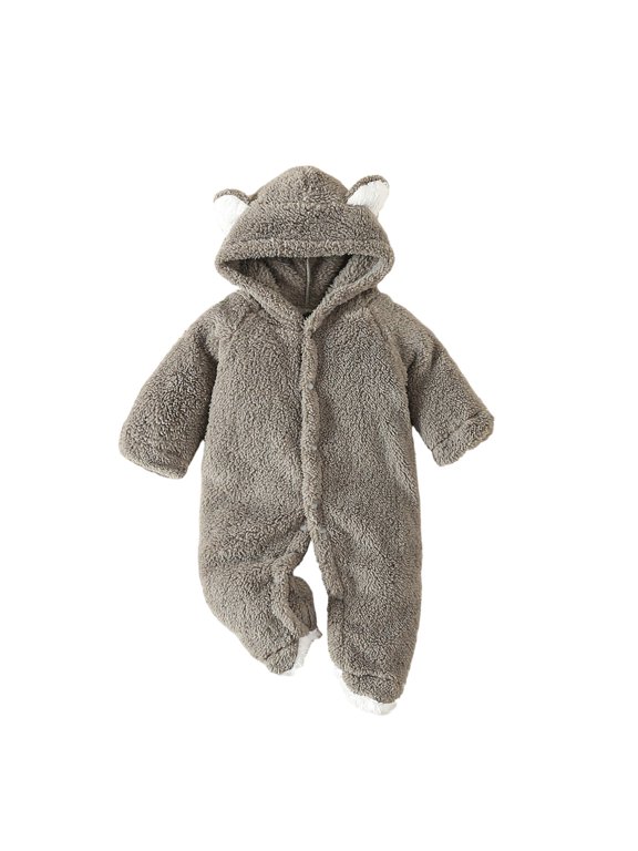 Toddler Baby Boys Hooded Jumpsuits Solid Color Onesies Long Sleeve Warm Winter One Piece Footed Romper, Size 6-9 Months