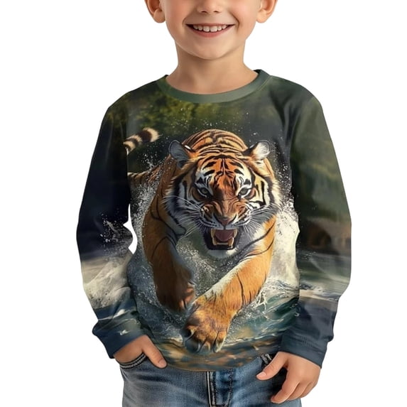 CONROSES Toddler Boys Long Sleeve T Shirts Tiger Graphic Summer T-Shirts Tee Tops, Sizes 3-4 Years